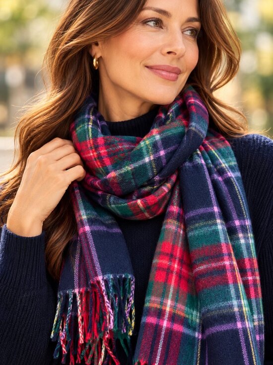 Talbots Accessories - Talbots NWT 100% Cashmere Navy Blue Red Plaid Scarf Fringe 18x70